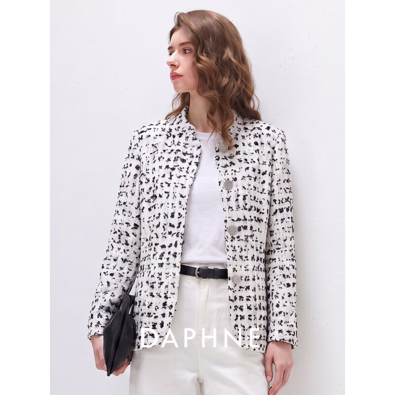 Daphne Tweed Jacket for Women, Autumn Wool Stand Collar Plaid Silhouette Slimming Short Jacket