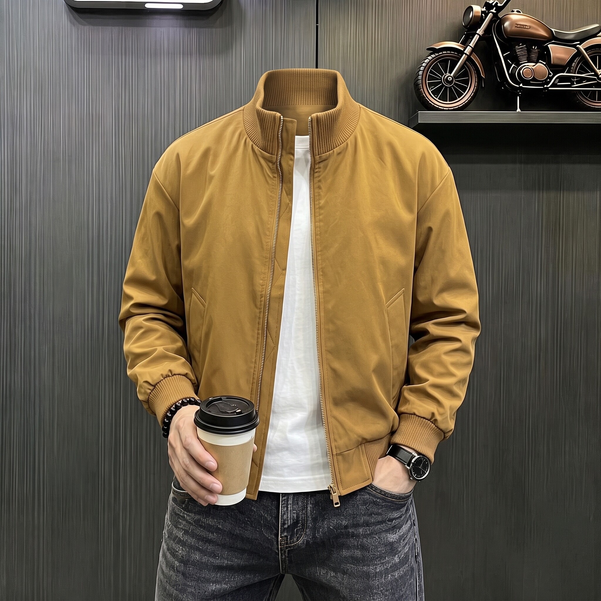 Brown Bomber Flight Jacket Men's Spring and Autumn American Retro Stand-Up Collar Baseball Jacket Cleanfit Short Jacket