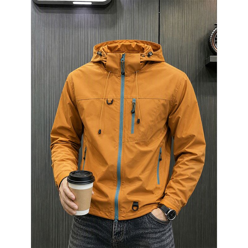Men's Autumn Windproof and Waterproof Softshell Jacket with Hood, Suitable for Outdoor Activities and Mountaineering
