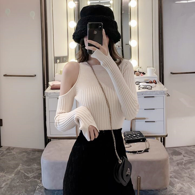 Tide Card Sexy Long Sleeve Dew Shoulder Beating Bottom Stitch Cardiovert 2021 Autumn Winter New Women's Clothing Han Version Sashimi 100 Hitch Blouse Woman