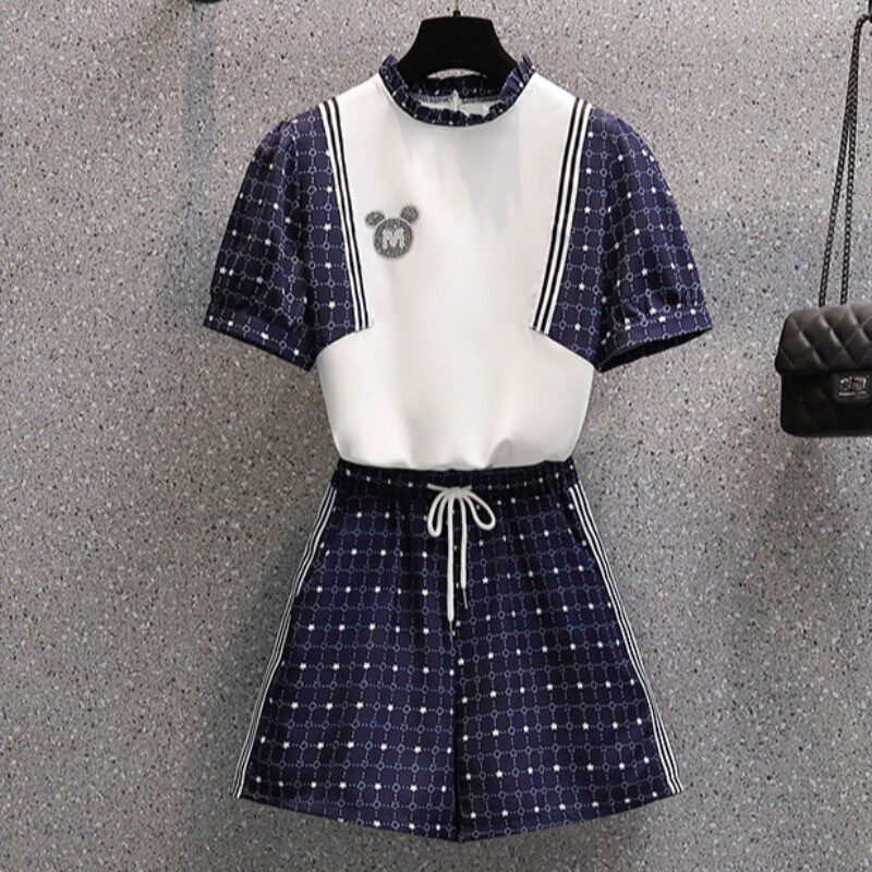 European Standing Fashion Suit Women 2022 Summer New Big Size Women's Dress Foreign Pie splicing Slim Blouse Shorts Two Sets