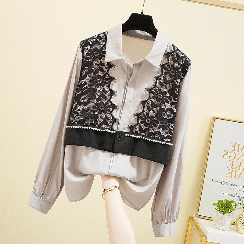 Korean version trendy fashion casual shirt woman 2022 spring autumn new big size women's dress lace blouse easy to hit bottom