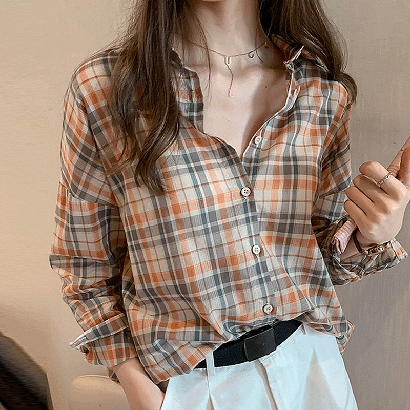 Tide Card Niche Retro Plaid Shirt Woman 2021 Fall new women's clothing Han version Design Loose Long Sleeve Blouse