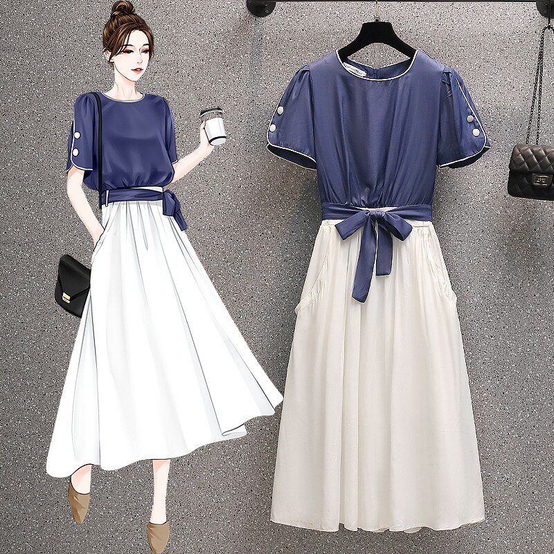European station light luxury temperament dress 2022 summer new large size women's dress waist stitching thin mid-length skirt