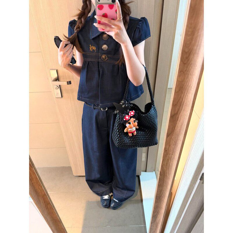 Chasing the Wind Girl Studio Korean Retro Puff Sleeve Faux Denim Shirt Straight Casual Wide-Leg Pants Set