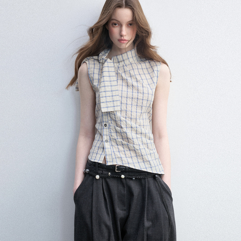Cotton Plaid High-Neck Tie-Up Sleeveless Shirt for Women, Summer Slim-Fit Irregular Pleated Tank Top