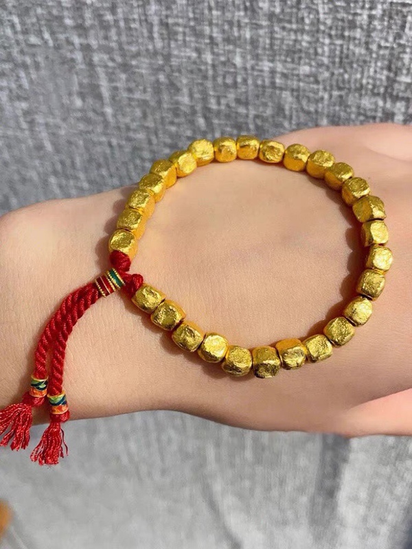 Gold Store Same Style Frosted Hammered Sugar Cube Small Gold Nugget Square Gold Fragments Woven Bracelet Light Luxury Jewelry