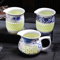 Jingdezhen blue and white porcelain kung fu tea set ceramic justice cup small tea sea white porcelain set hollow public cup tea divider