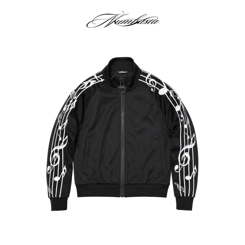 Numbasia_Violin Note Stripe Embroidery Large Zipper Light Asian Street Casual Stand Collar Jacket