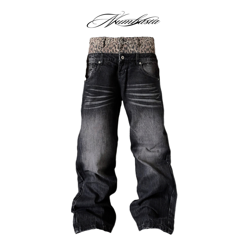 Numbasia Leopard Print Double Waistband Black and Gray Washed Baggy Loose 13oz Light Asian Street Style Jeans Numbasia Leopard Print Double Waistband Black and Gray Washed Baggy Loose 13oz Light Asian Street Style Jeans
