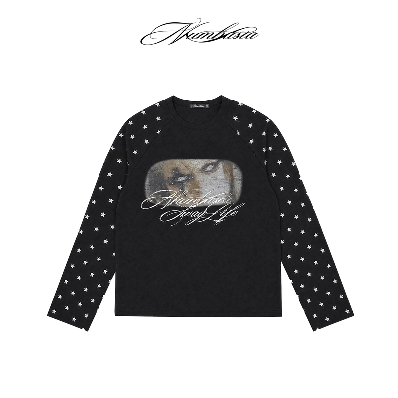 Numbasia_Star Raglan Girl Floral Script Digital Print Light Asian Street Style Long Sleeve T-Shirt
