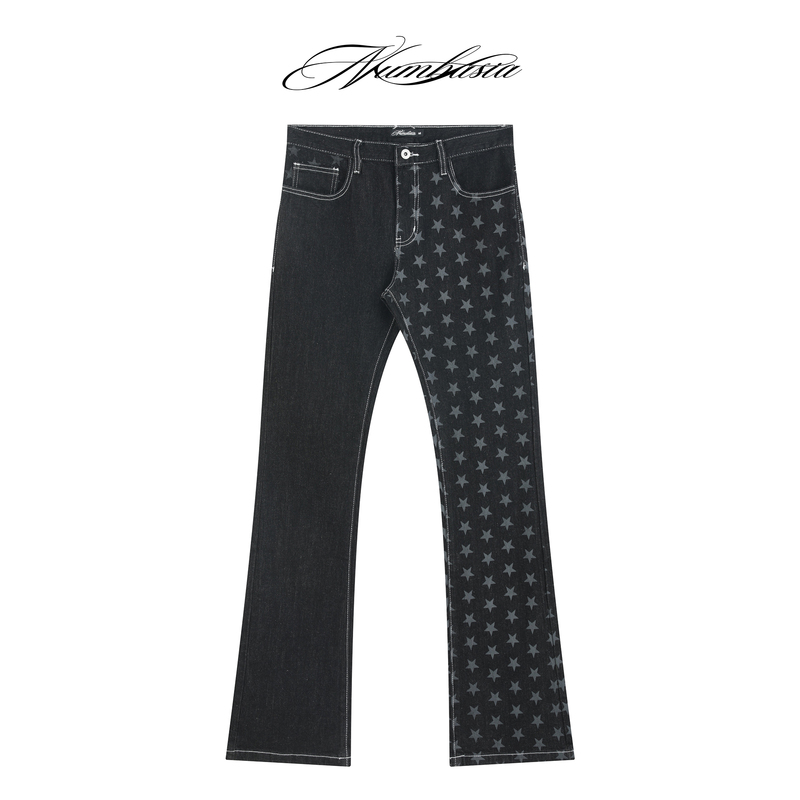 Numbasia_Star Patchwork Color-Blocked Stretchy Slim-Fit Low-Waist Slightly Flared Light Street-Style Jeans Numbasia_Star Patchwork Color-Blocked Stretchy Slim-Fit Low-Waist Slightly Flared Light Street-Style Jeans