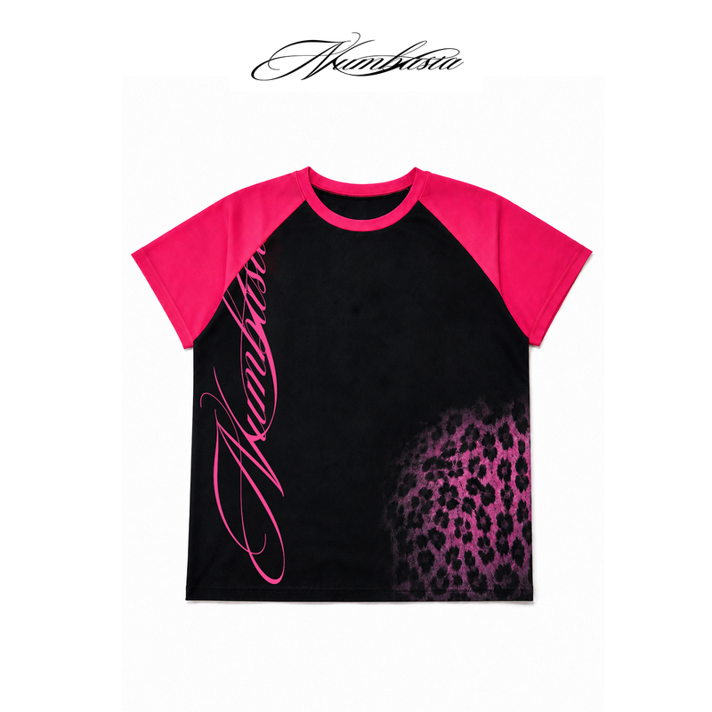 Numbasia_Multicolor Leopard Print Logo Printed Contrast Color Raglan Light Street Style Fitted Short-Sleeve T-Shirt
