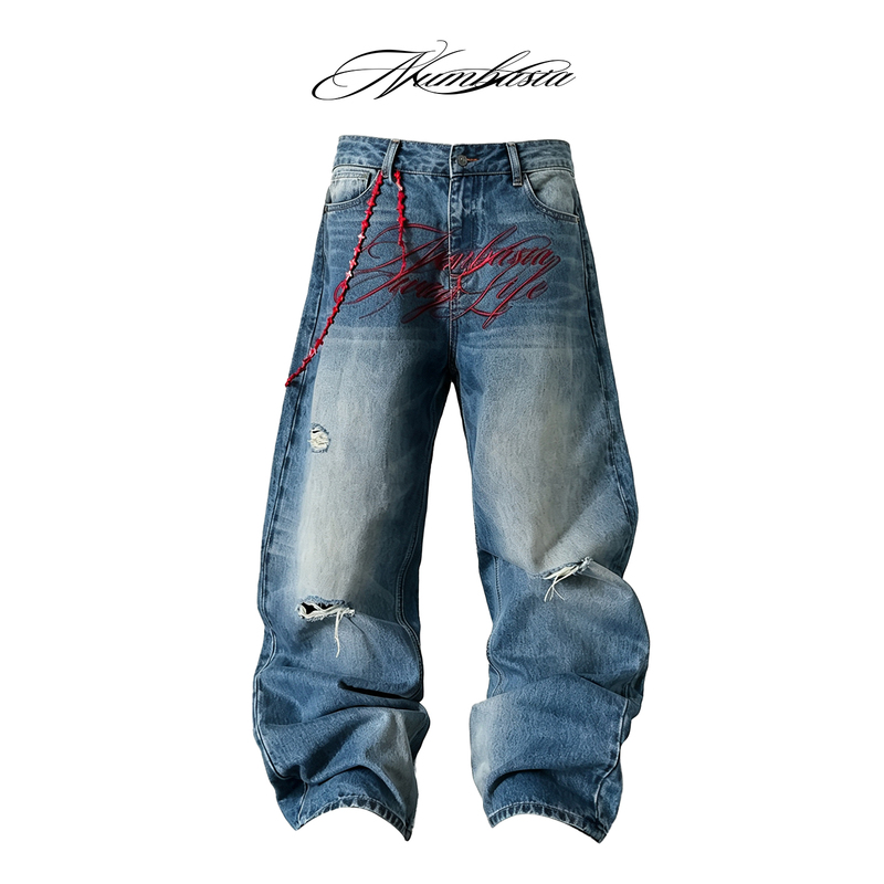 Numbasia_"Party Life"_Cursive Embroidered Baggy Ripped Washed Light Wash Street Style 13oz Jeans