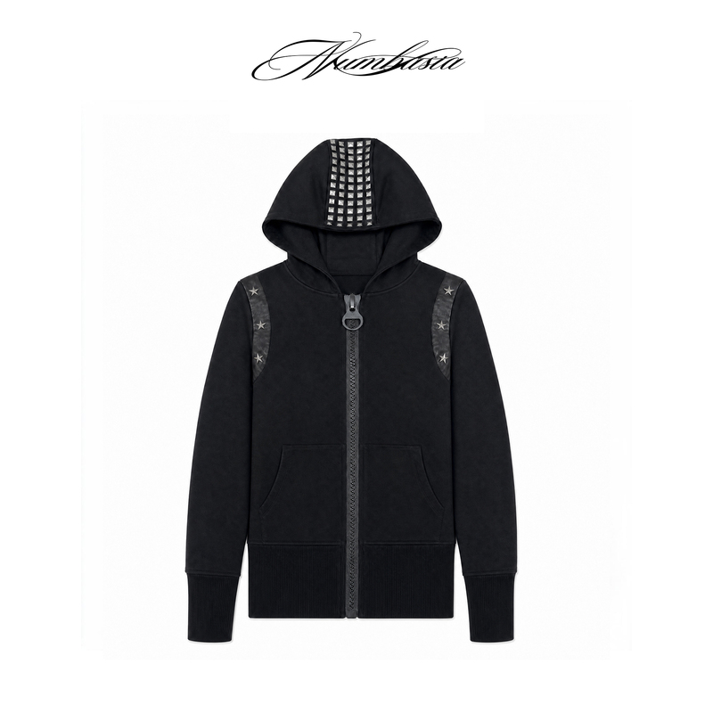 Numbasia Black Slim Fit Large Zipper Patchwork Leather Star Rivet Light Asian Street Style Hooded Sweatshirt