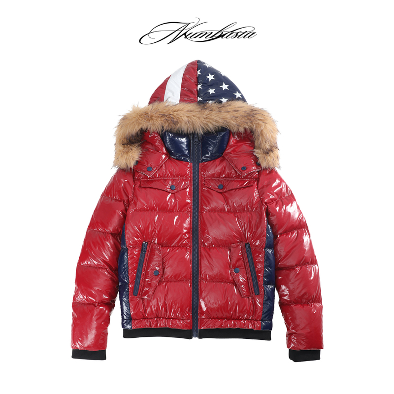 Numbasia Red Star and Stripe Glossy Fur Collar Fitted Light Street Style down Jacket