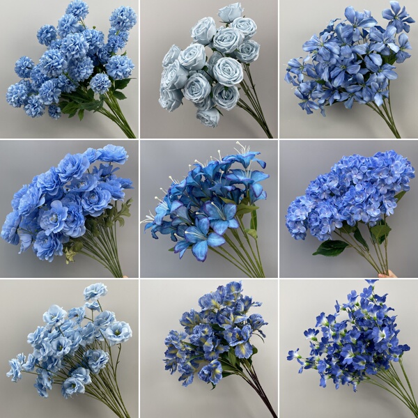 Blue Color 10 Pieces of Flower Rose Peony Artificial Flower Living Room Furnishings Floral Wedding Hall Background Ornamental Flower