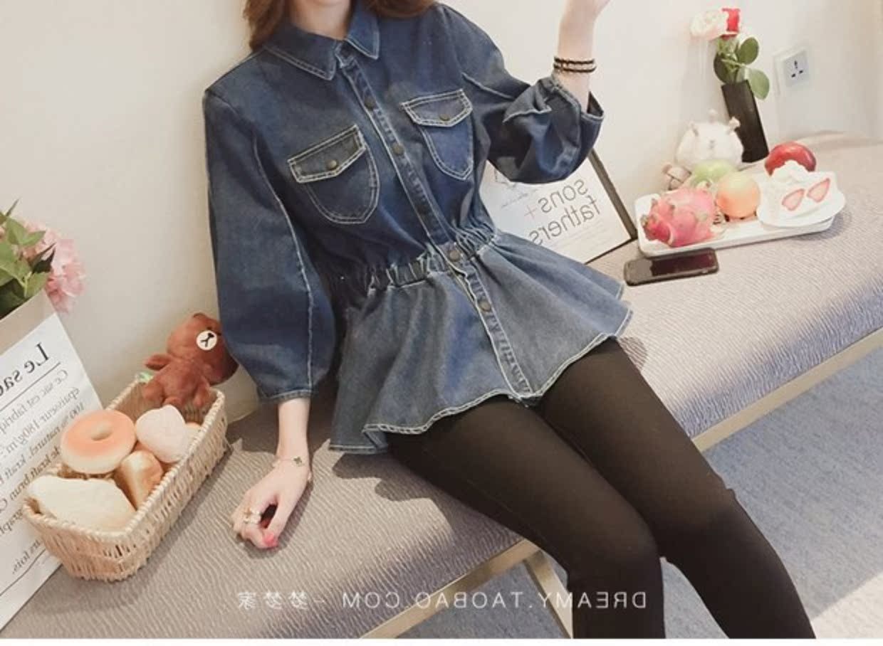 Mùa xuân và mùa thu Mới Hàn Quốc Đèn lồng tay áo xù eo ngắn Áo khoác denim ngắn Áo phông nữ lỏng lẻo áo khoác bomber nữ