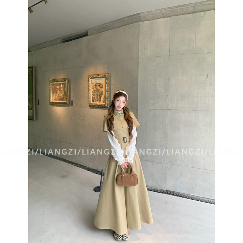Liangzi【Girl Knight】Early Autumn Double-Breasted Faux Two-Piece Lantern Sleeve Long Dress with Cape Shawl Liangzi【Girl Knight】Early Autumn Double-Breasted Faux Two-Piece Lantern Sleeve Long Dress with Cape Shawl
