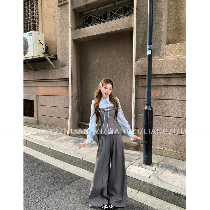 Liangzi【Bul Manor】Early Autumn Two-Piece Shirt Striped Long-Sleeve Top/High-Waisted Straight-Leg Wide-Leg Pants