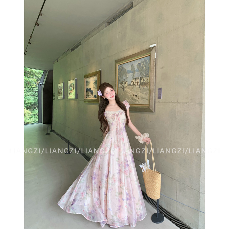 Liangzi【Flower House Fragrant Dreams】Summer French Sweet Style V-Neck Long Dress A-Line Waist-Cinching Dress Liangzi【Flower House Fragrant Dreams】Summer French Sweet Style V-Neck Long Dress A-Line Waist-Cinching Dress