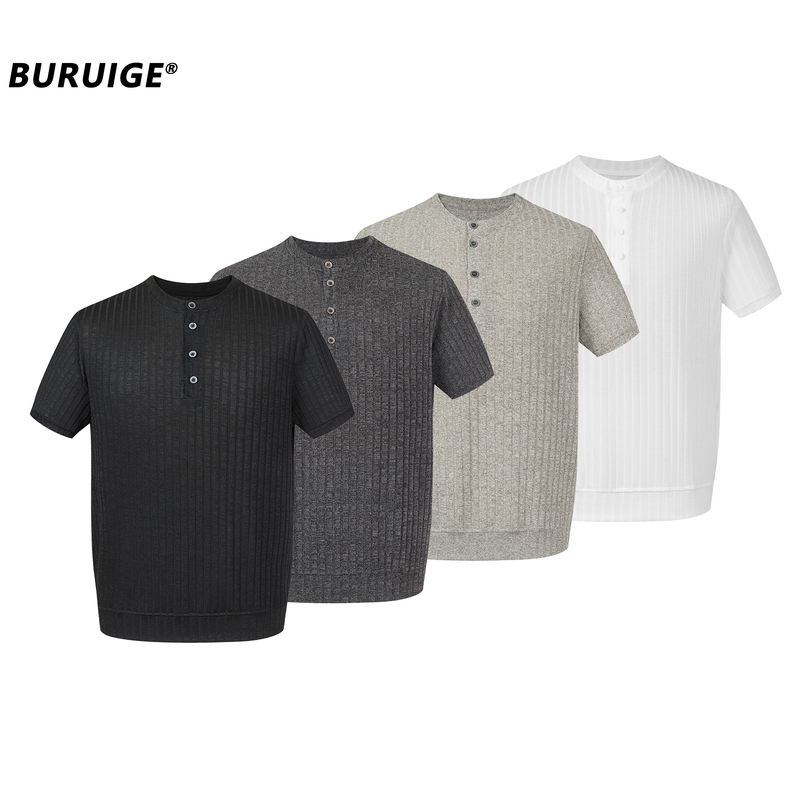 Buruige Old Money Style Brand, Cool and Handsome Henry Collar Knitted Short-Sleeve T-Shirt with a Light Luxury and High-End Feel, Cable Knit Slim-Fit Half-Sleeve T-Shirt