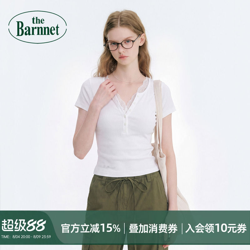 [Official Authentic Product] Thebarnnet Lace V-Neck T-Shirt for Women, Summer Slim Fit Short Top