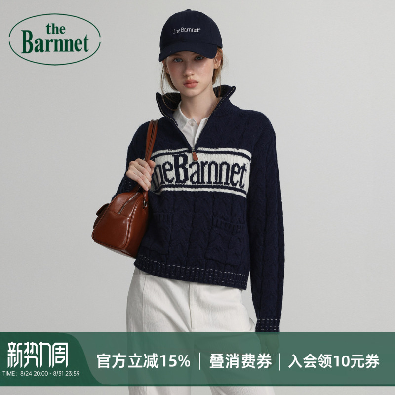 [Official Authentic] Thebarnnet Eight-Letter Jacquard Stand-Up Collar Sweater Loose Knit Top for Women
