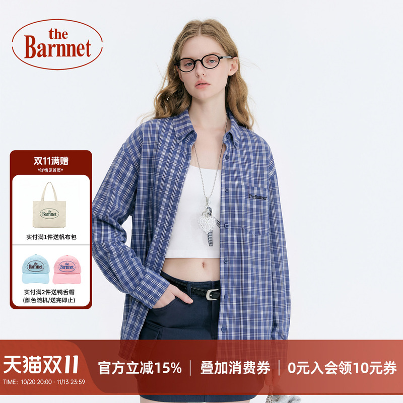 [Official Authentic Product] Thebarnnet Eight Milk Blue and White Checkered Long Sleeve Shirt for Women, Summer Casual Loose Shirt