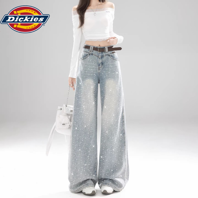 Dickies Light Blue Rhinestone Starry Wide-Leg Jeans for Women, American Style High-Waisted Loose Pear-Shaped Straight Pants Dickies Light Blue Rhinestone Starry Wide-Leg Jeans for Women, American Style High-Waisted Loose Pear-Shaped Straight Pants