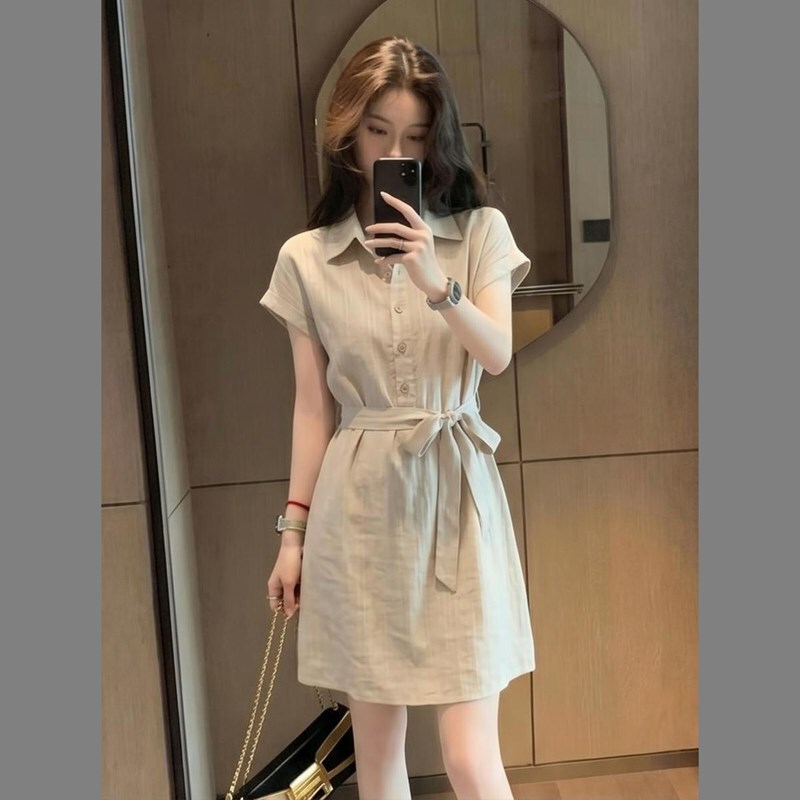 Summer New Korean-Style Casual Lapel Short-Sleeve Shirt Dress for Women, Waist-Cinching A-Line Dress with a High-End Feel, T-Shirt Dress