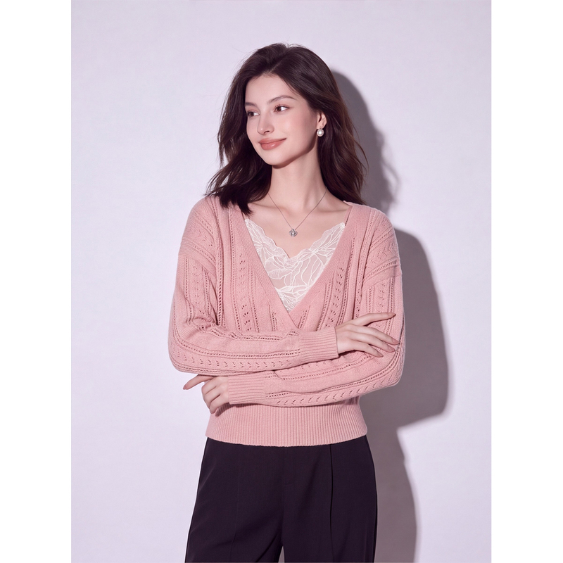 Yanzhen Pink V-Neck Cross-Wrap Knit Sweater for Women, Thin French-Style Design Sweater Top, Women's Long-Sleeve Clothing