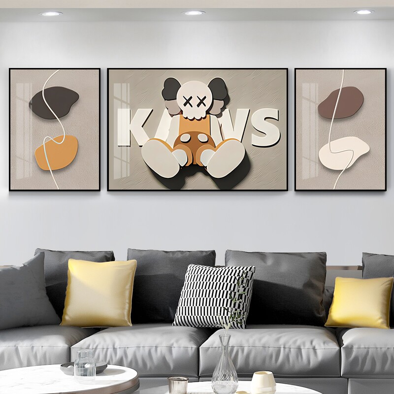 Trendy Brand Kaws Living Room Decorative Painting Sofa Background Wall Art Mural Trendy Style Violent Bear Triptych Light Luxury Painting