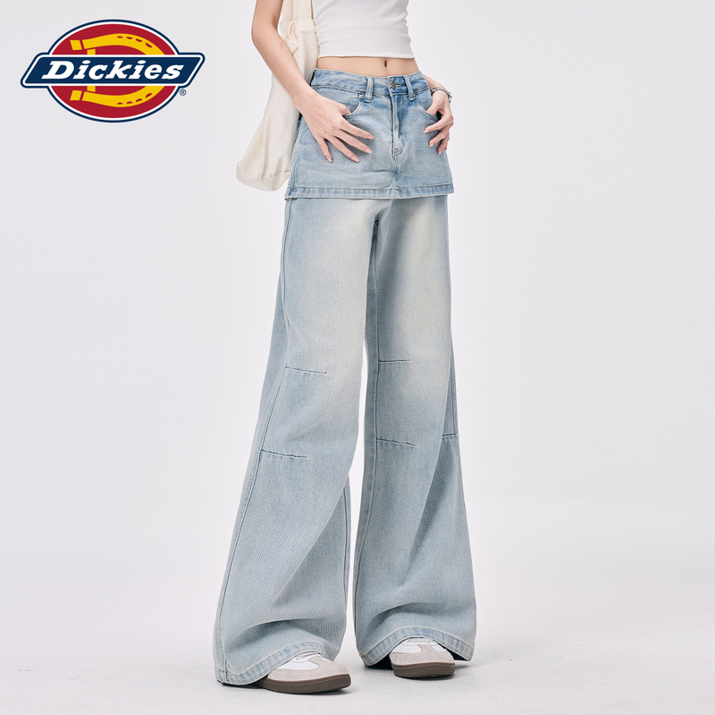Dickies Women's Faux Two-Piece Wide-Leg Jeans with a High-Waisted, Loose, Washed, and Slightly Flared Design