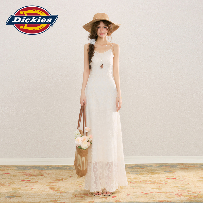 Dickies White Lace Camisole Dress for Women, New Summer French Style Vacation Waist-Cinching Long Dress