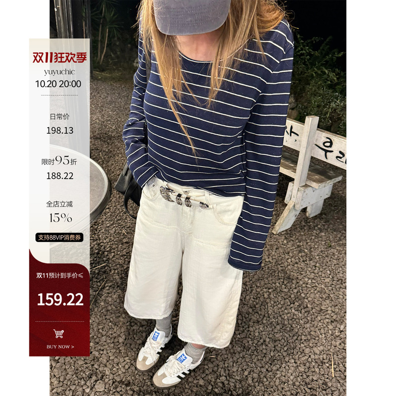 Fishyulailuo (Brand Name) Is Here. Relax and Be Comfortable. Slightly Chubby Women Can Wear Korean-Style Tie-Up Design Cropped Wide-Leg Plus-Size Denim Shorts