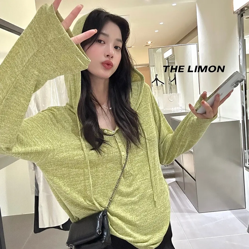 Korean-Style Colorful Cotton Hooded Women's Casual Knit Half-Open Front Long-Sleeve Top