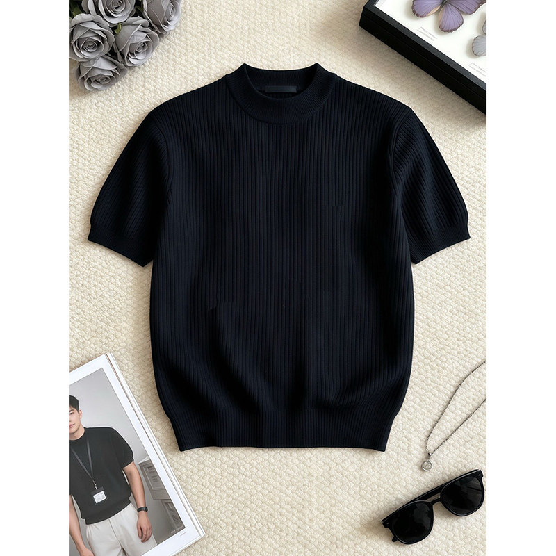 Black Pinstripe Knit Short-Sleeve T-Shirt for Men, Summer Cuffed T-Shirt, Old Money Style, Masculine Look, Half-Sleeve Black Pinstripe Knit Short-Sleeve T-Shirt for Men, Summer Cuffed T-Shirt, Old Money Style, Masculine Look, Half-Sleeve