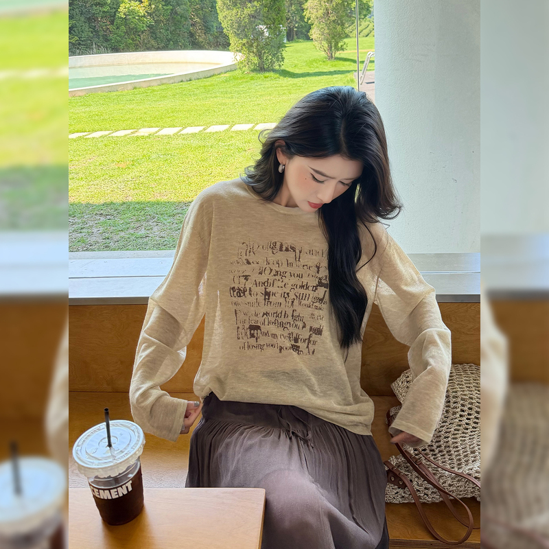 Old White Not White [Old Magazine] Vintage Distressed Print T-Shirt Loose Slimming Thin Breathable Long Sleeve Base Shirt