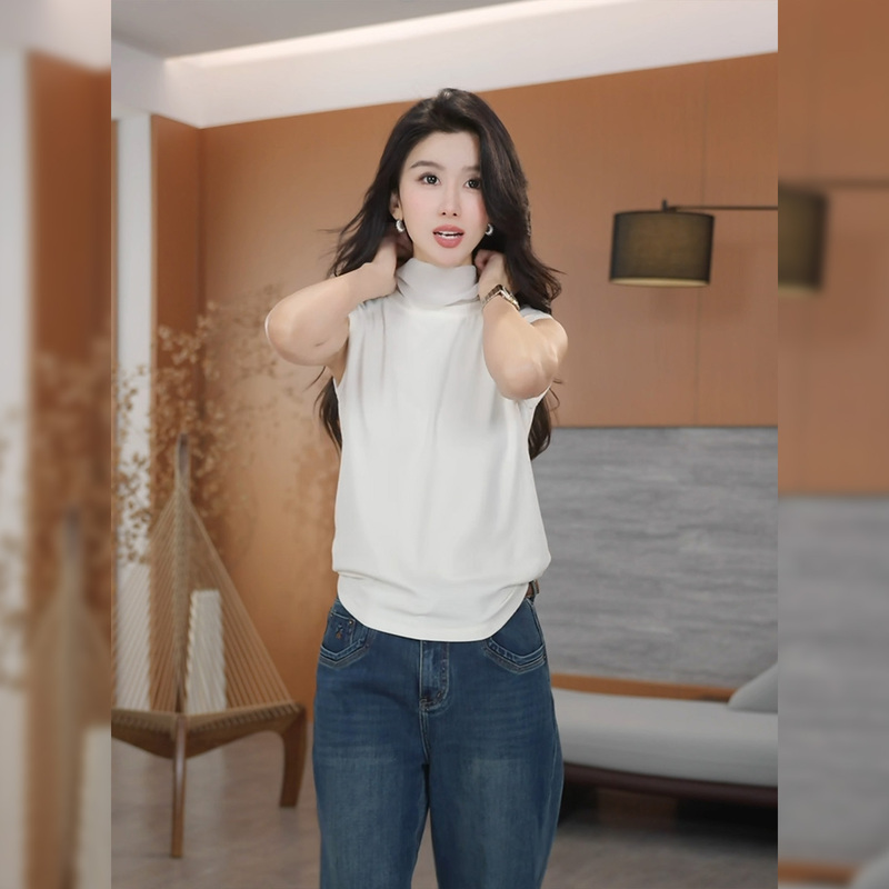 Laobaibubai【Subtle Design】Autumn and Winter Cotton Wool Solid Color Simple Casual Spandex Sleeveless High Neck Vest Laobaibubai【Subtle Design】Autumn and Winter Cotton Wool Solid Color Simple Casual Spandex Sleeveless High Neck Vest