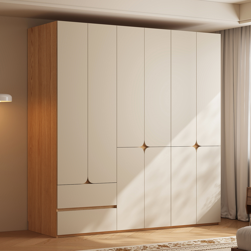 All-Solid Wood Wardrobe, Modern and Simple, Handle-Free, for Home Use in Small Bedrooms, Ready-Made Oak Wardrobe Storage Cabinet