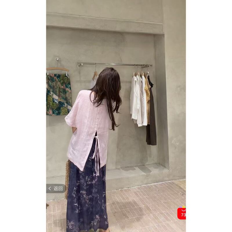 6.4 100% Linen Short-Sleeved Top with Drawstring Back, Length 68, Bust 140 6.4 100% Linen Short-Sleeved Top with Drawstring Back, Length 68, Bust 140