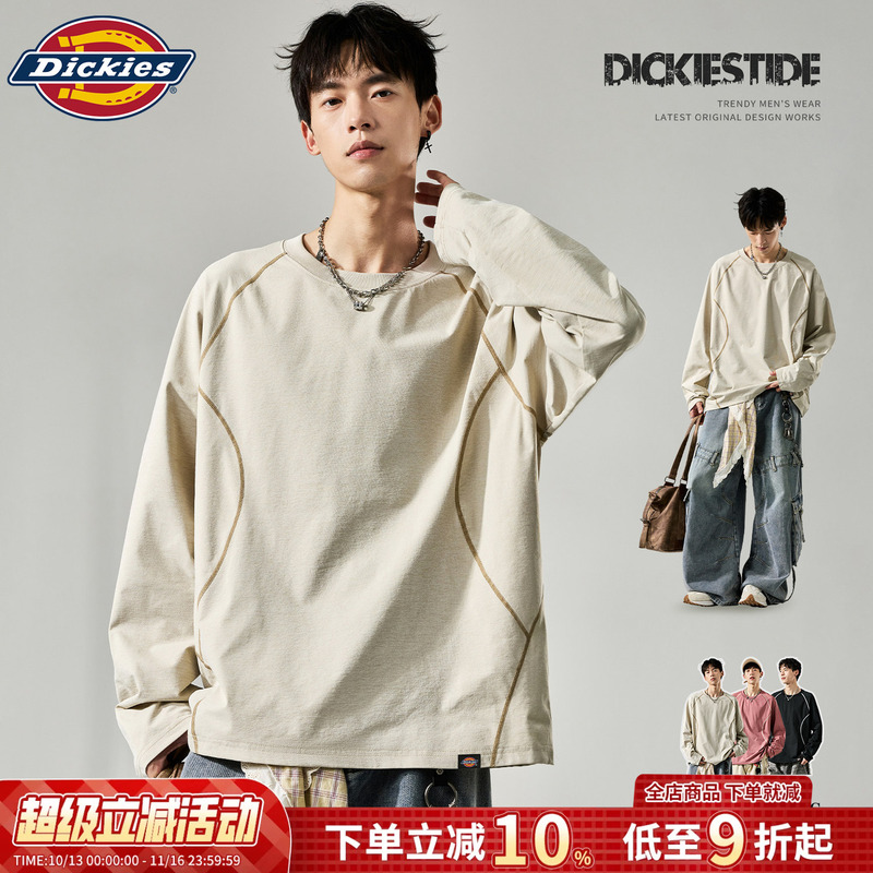 Dickies Long-Sleeve T-Shirt for Men, American Style Trendy Brand Hasselblad Line, Color-Blocking Casual Top, Loose Fit, Sportswear for Men, Autumn Season