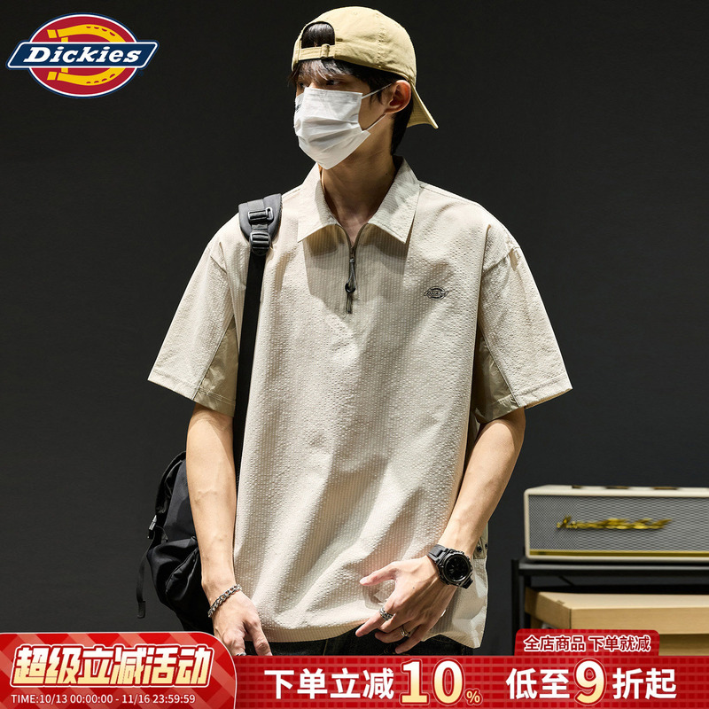 Dickies Short-Sleeved T-Shirt for Men, Summer American Style Half-Zip Casual Polo Shirt, Men's Ice Silk Thin Quick-Drying Top