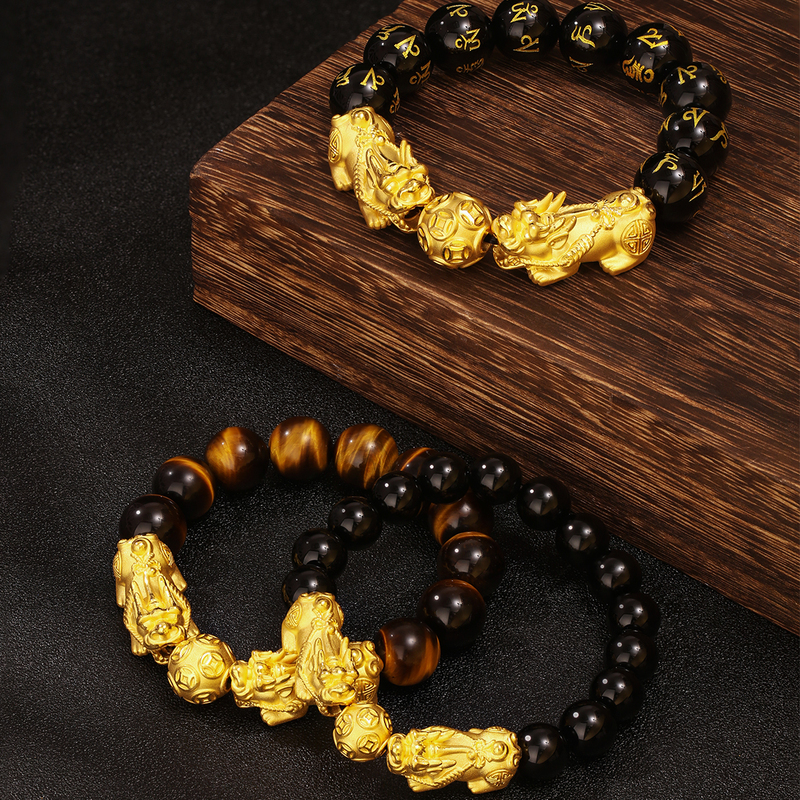 Gold Double Pixiu Tiger Eye Stone Bracelet, Pure Gold 999, Shuibei Pure Gold Men's Style, Wealth-Attracting Gold Pixiu Fortune Bead Bracelet