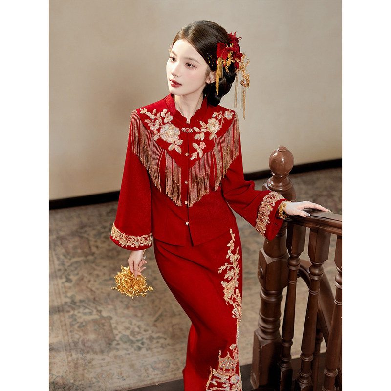 New Chinese-Style Qipao Dress for Toasting, Autumn Long-Sleeve Bridal Engagement and Wedding Dress Two-Piece Set for Bridal Party and Homecoming