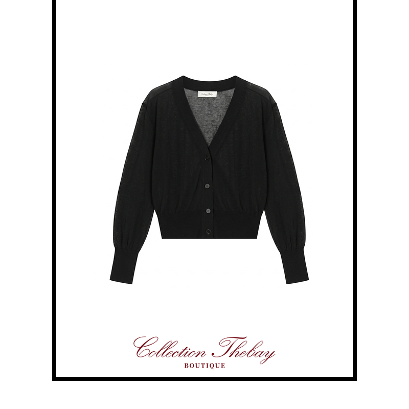 Thebay【Veil】The Beauty of Fabric: Xinjiang Long-Staple Cotton Slightly Sheer Short V-Neck Knitted Cardigan Jacket Top Thebay【Veil】The Beauty of Fabric: Xinjiang Long-Staple Cotton Slightly Sheer Short V-Neck Knitted Cardigan Jacket Top