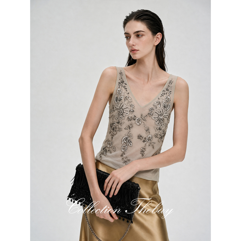 Thebay【Pearl Flower Rhythm】Artisan Series Heavy Beaded Tube Embroidery V-Neck Inner Layer Top for Women Summer