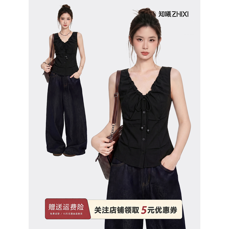 American Retro Black V-Neck Lace-Up Sleeveless Shirt for Women, Summer Design, Pleated Slim Fit Slimming Vest Top American Retro Black V-Neck Lace-Up Sleeveless Shirt for Women, Summer Design, Pleated Slim Fit Slimming Vest Top