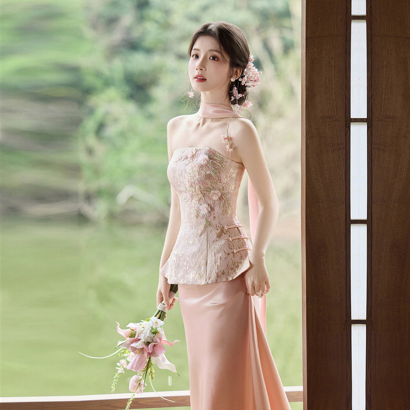 New Chinese-Style Pink Strapless Engagement Dress 2026 New High-End Light Luxury Homecoming Banquet Toast Dress Bride's Morning Gown New Chinese-Style Pink Strapless Engagement Dress 2026 New High-End Light Luxury Homecoming Banquet Toast Dress Bride's Morning Gown